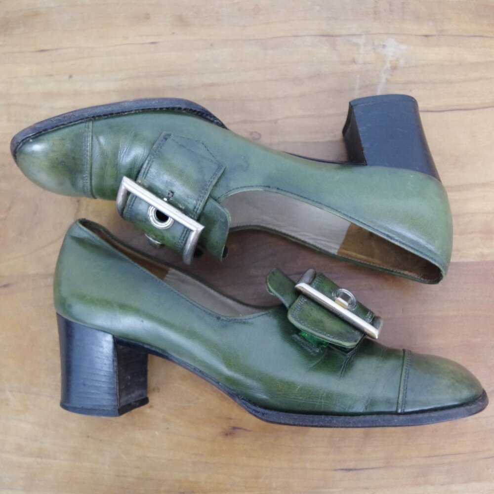 60's Vintage Pierre Cardin Paris Green Leather Buckle Front Heels 7AA - Picture 5 of 12